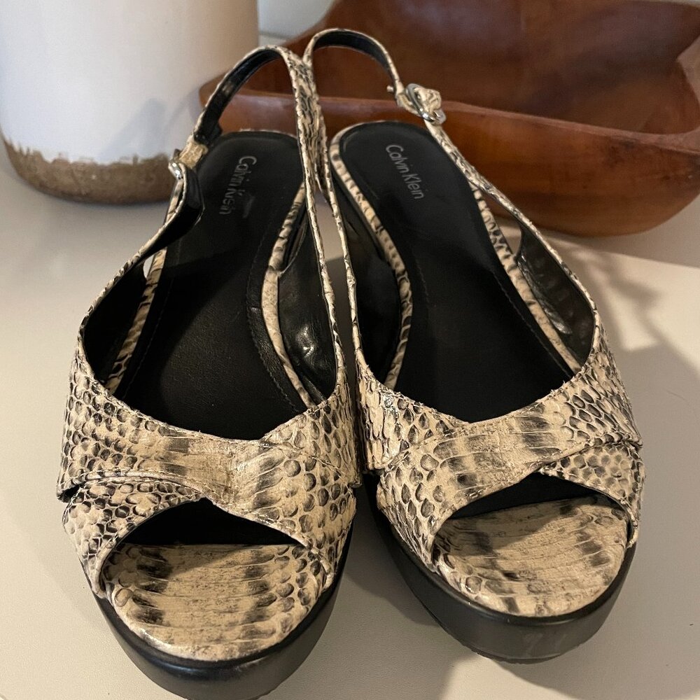 Calvin Klein Snake Print Grey and Cream Strappy Wedge with Cut Out Heel 7.5